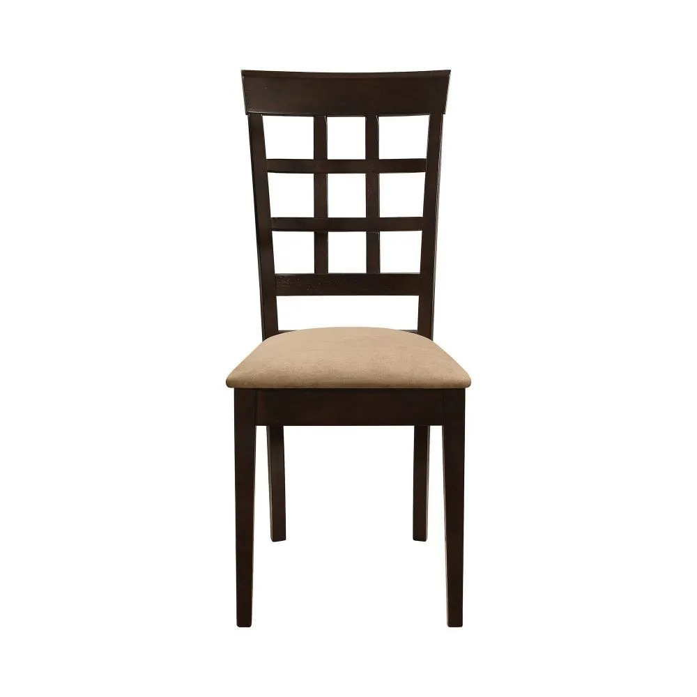17 Inch Side Dining Chair, Set of 2, Lattice Back Brown Wood, Tan Fabric By Casagear Home