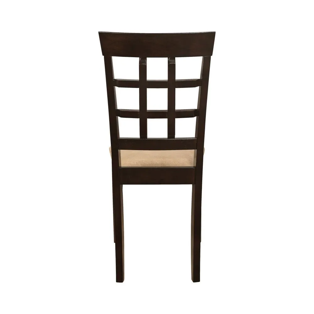 17 Inch Side Dining Chair, Set of 2, Lattice Back Brown Wood, Tan Fabric By Casagear Home
