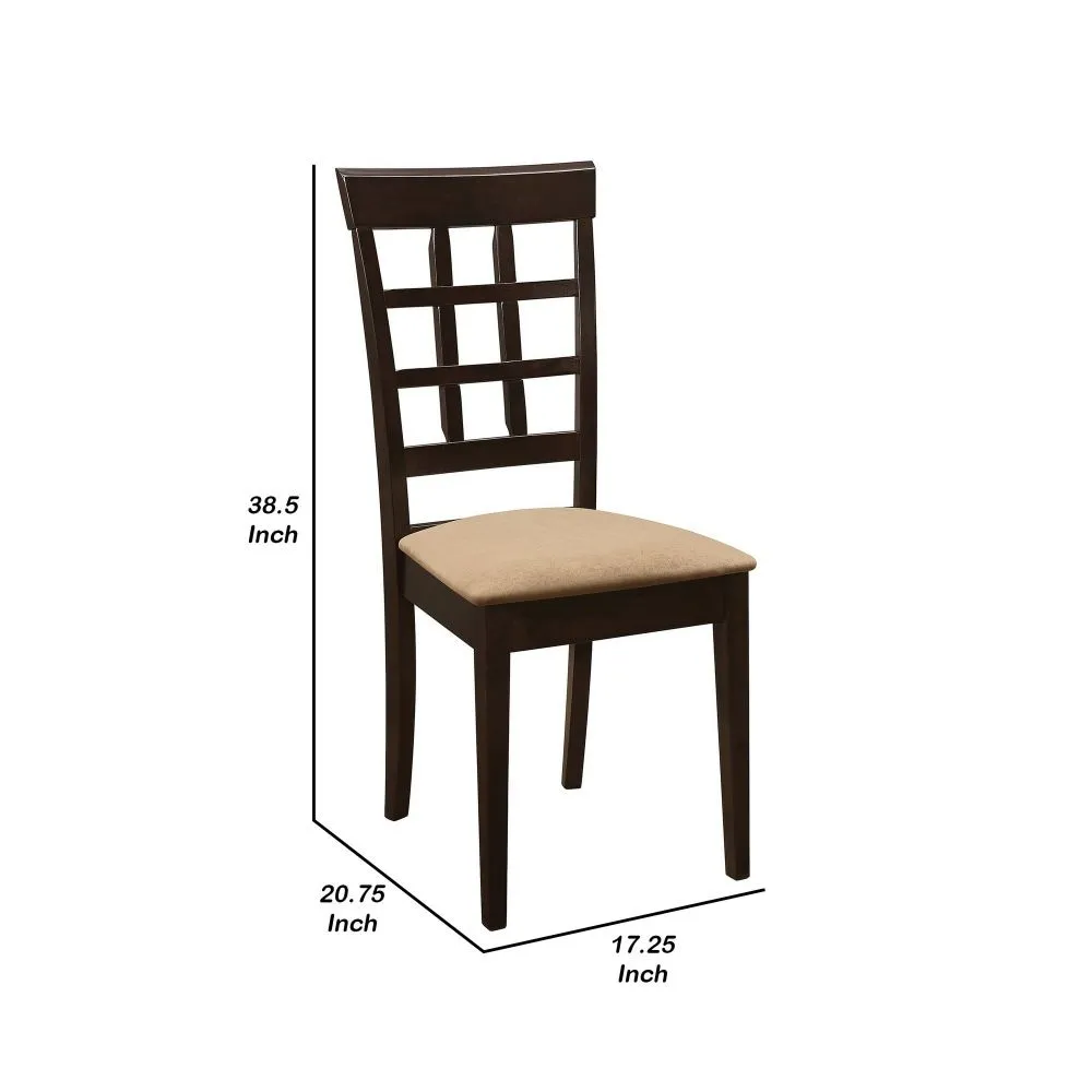 17 Inch Side Dining Chair, Set of 2, Lattice Back Brown Wood, Tan Fabric By Casagear Home