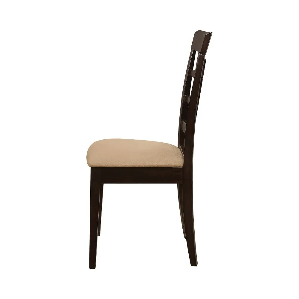 17 Inch Side Dining Chair, Set of 2, Lattice Back Brown Wood, Tan Fabric By Casagear Home