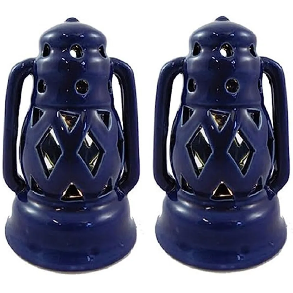 2 Ceramic Decorative Lanterns with LED Lights, Each 5 Inches Tall, Base 3 Inches in Diameter, Blue