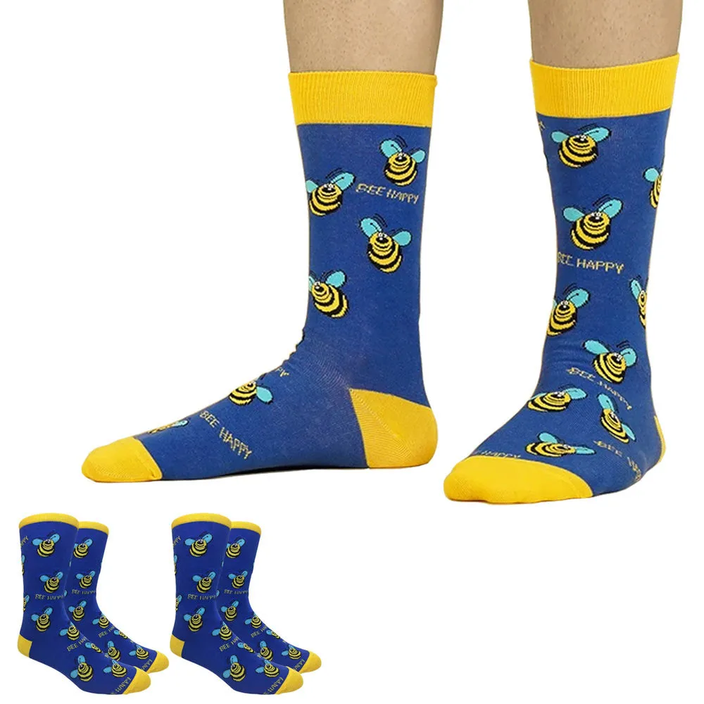 2 Pairs Funny Dress Socks Novelty Fashion Crew Crazy Socks Bee Happy One Size