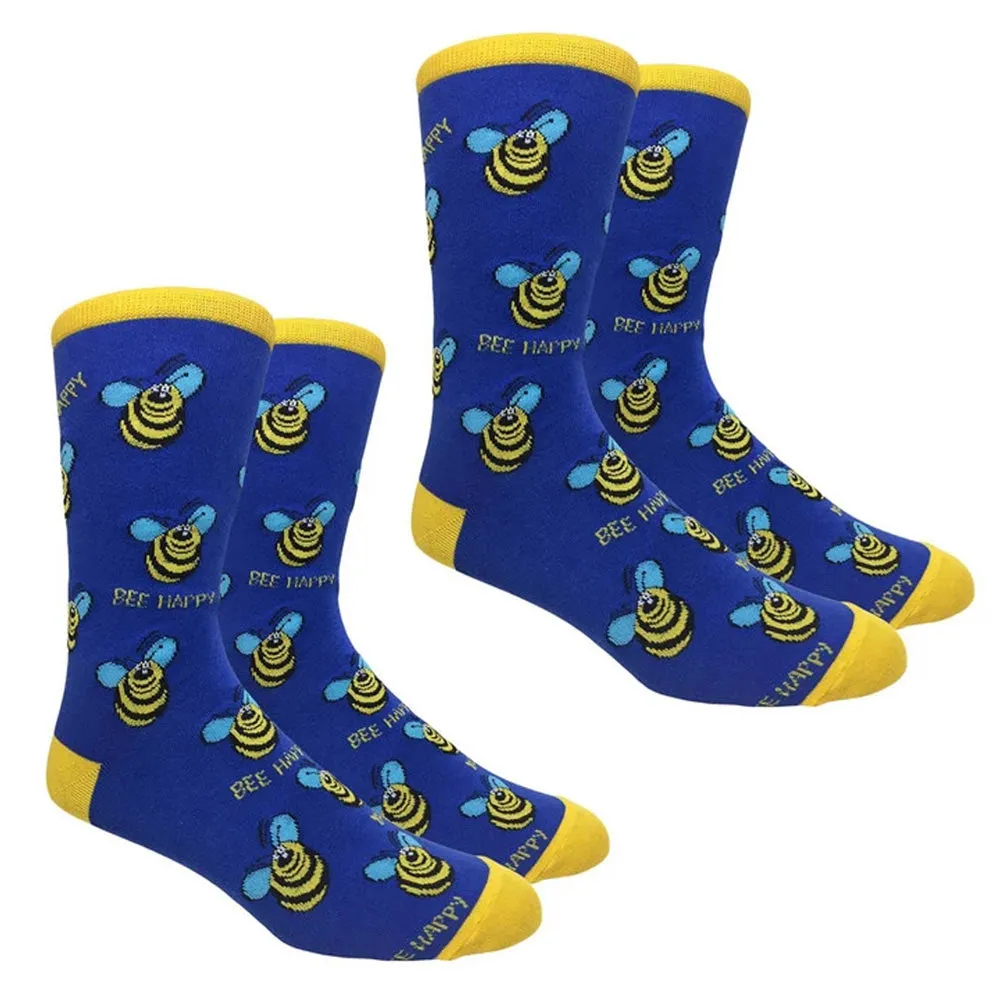 2 Pairs Funny Dress Socks Novelty Fashion Crew Crazy Socks Bee Happy One Size