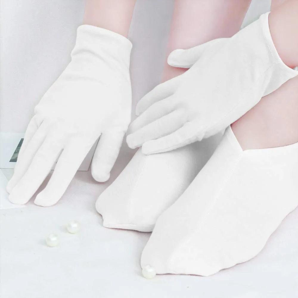 4 Pairs Moisturising Gloves and 4 Pairs Socks Nabance Moisturising Cotton Gloves Moisture Socks White Hand Gloves for Dry Hands Skin Care and Foot Spa(8 pairs/16pcs) 16 Count (Pack of 1)