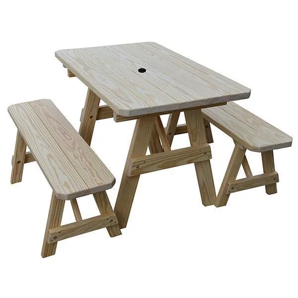 A&L Furniture Yellow Pine Traditional Picnic Table with 2 Benches – Size 6ft and 8ft
