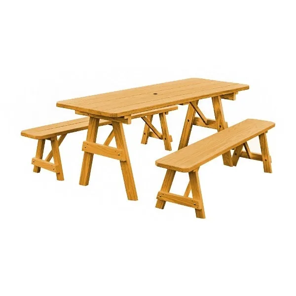 A&L Furniture Yellow Pine Traditional Picnic Table with 2 Benches – Size 6ft and 8ft