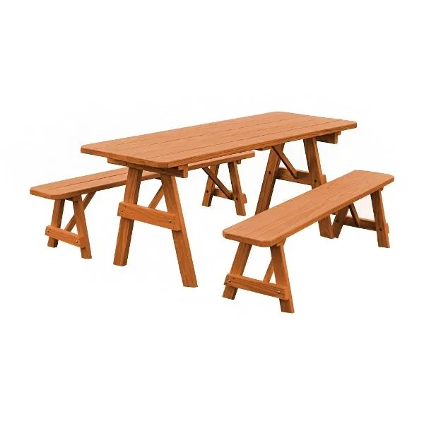 A&L Furniture Yellow Pine Traditional Picnic Table with 2 Benches – Size 6ft and 8ft