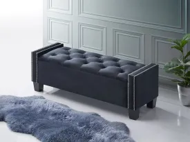 Black Velvet Storage Bench with Nailhead Button Tufting & Black Legs- Model #6201