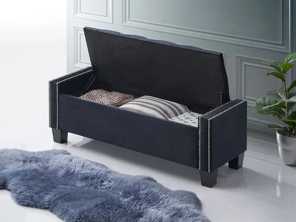 Black Velvet Storage Bench with Nailhead Button Tufting & Black Legs- Model #6201