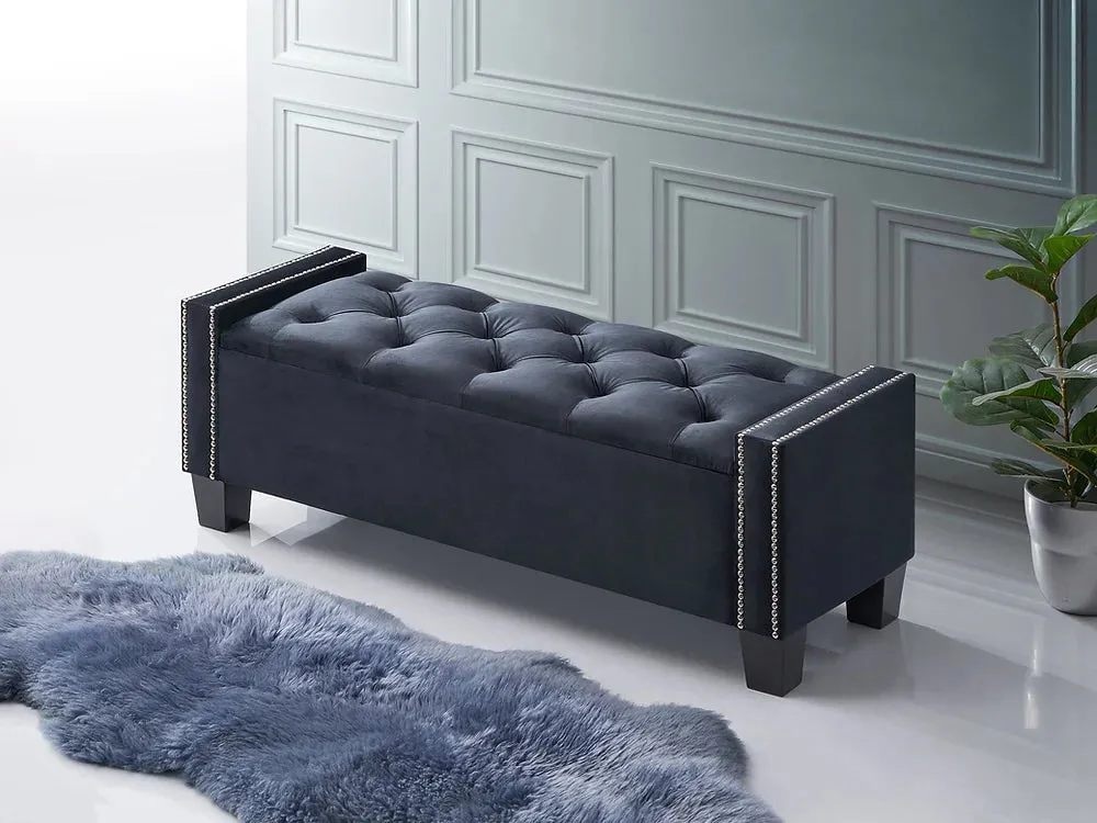 Black Velvet Storage Bench with Nailhead Button Tufting & Black Legs- Model #6201