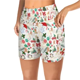 Christmas White Yoga Shorts with Pockets up to 5 XL (FWS)