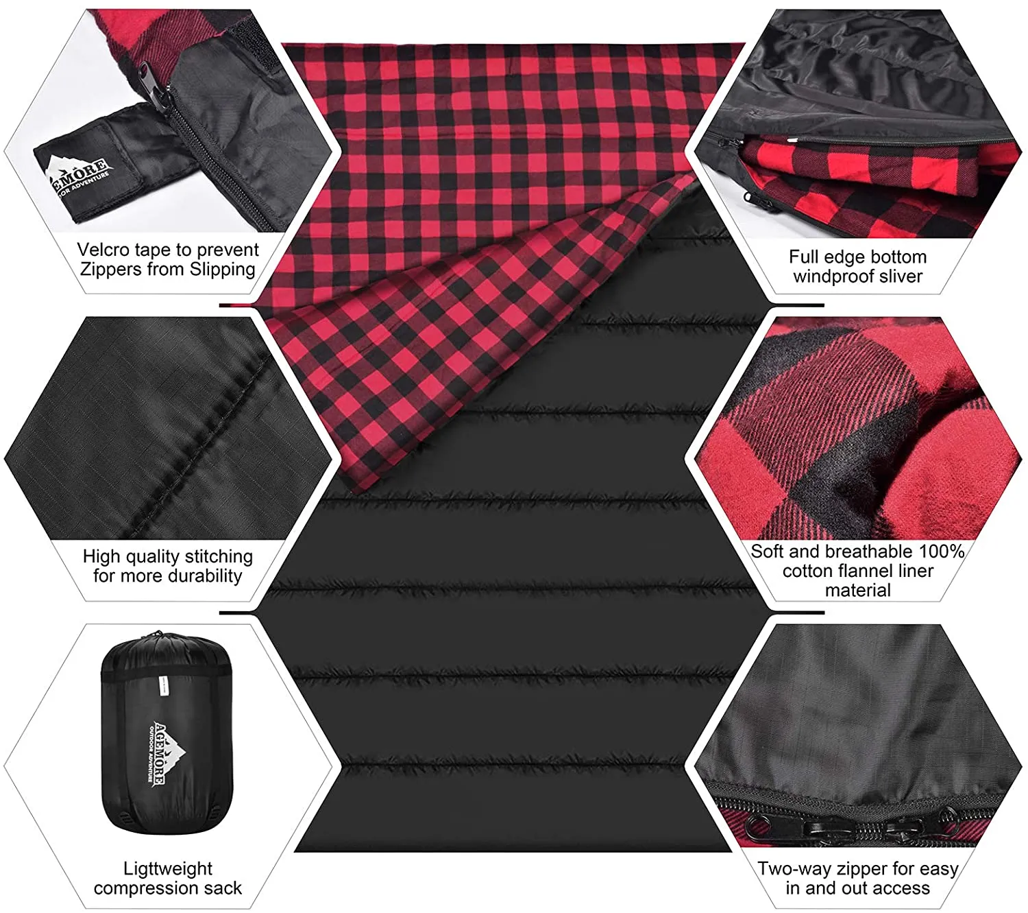 Cotton Flannel Double Sleeping Bag for Camping, Backpacking, or Hiking. Queen Size 2 Person Waterproof Sleeping Bag for Adults or Teens. Truck, Tent, or Sleeping Pad, Lightweight（Pillows NOT Include）