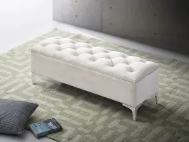 Cream Velvet Storage Bench with Button Tufting & Chrome Legs- Model #6502