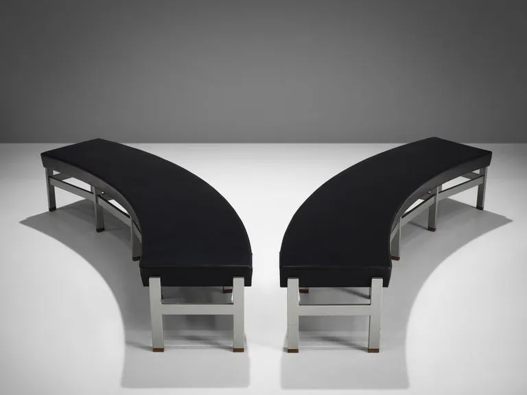 Curved Benches in Black Upholstery and Metal