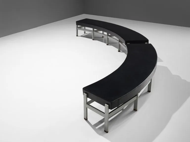 Curved Benches in Black Upholstery and Metal