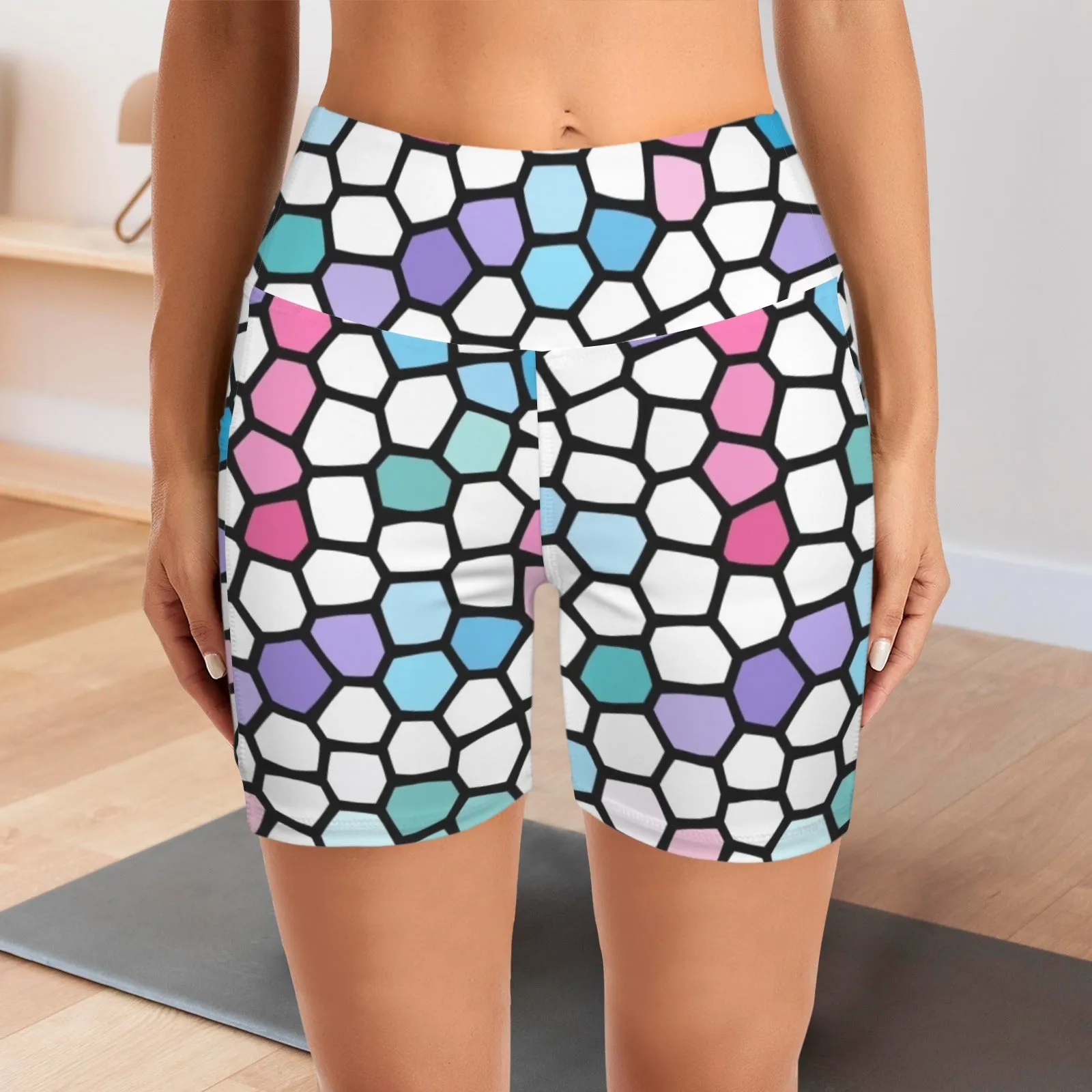 Feathers Stained Glass Yoga Shorts with Pockets up to 5 XL (FWS)