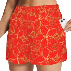 Golden Frangipani Red Art Zip Pocket Shorts up to 5 XL (FWS)