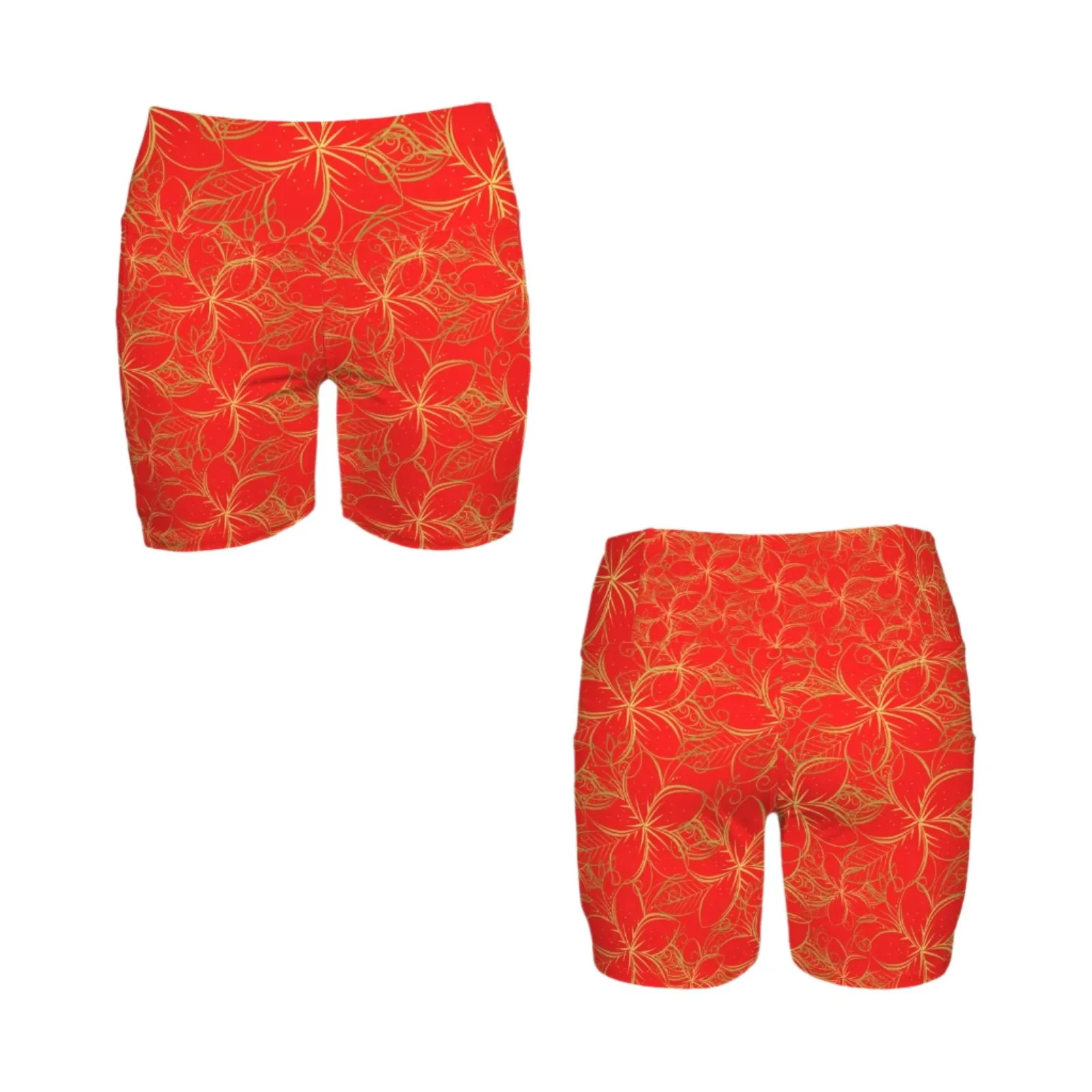 Golden Frangipani Red Yoga Shorts with Pockets up to 5 XL (FWS)