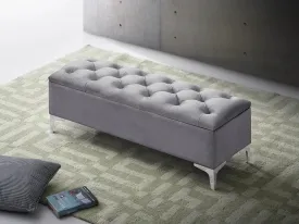 Grey Velvet Storage Bench with Button Tufting & Chrome Legs- Model #6500