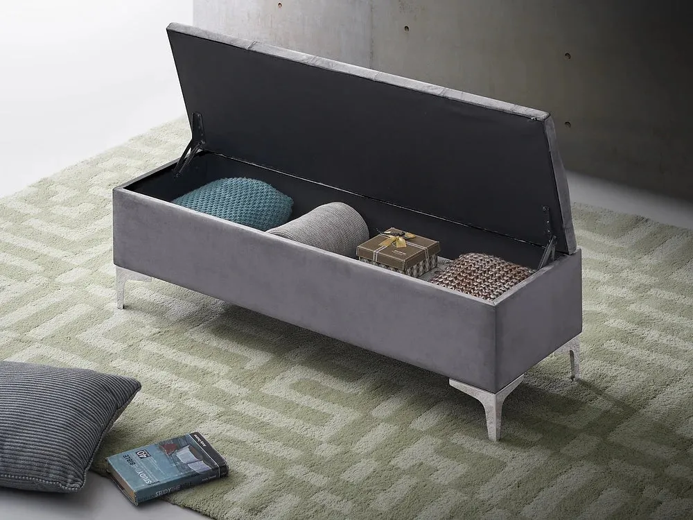 Grey Velvet Storage Bench with Button Tufting & Chrome Legs- Model #6500