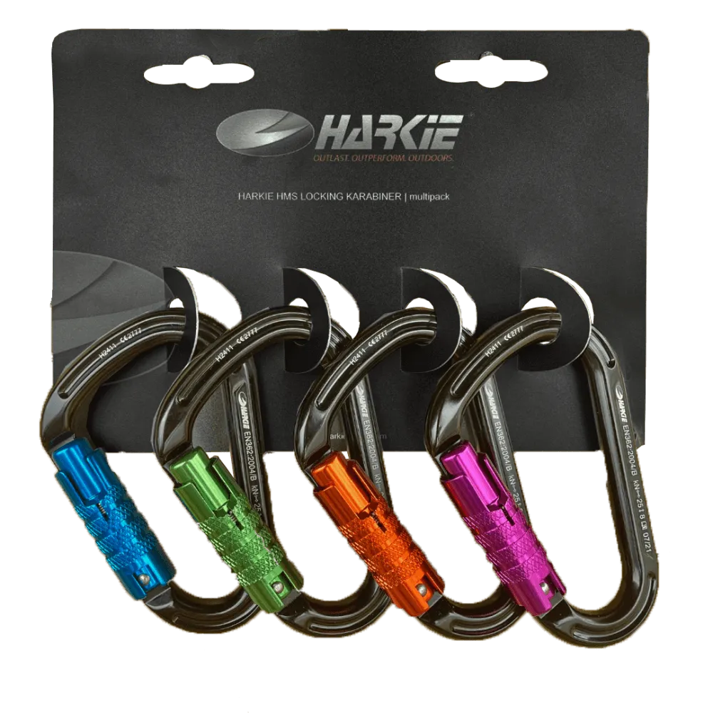 HMS 3 Way Locking Pack of 4 Assorted Colour Climbing Karabiners