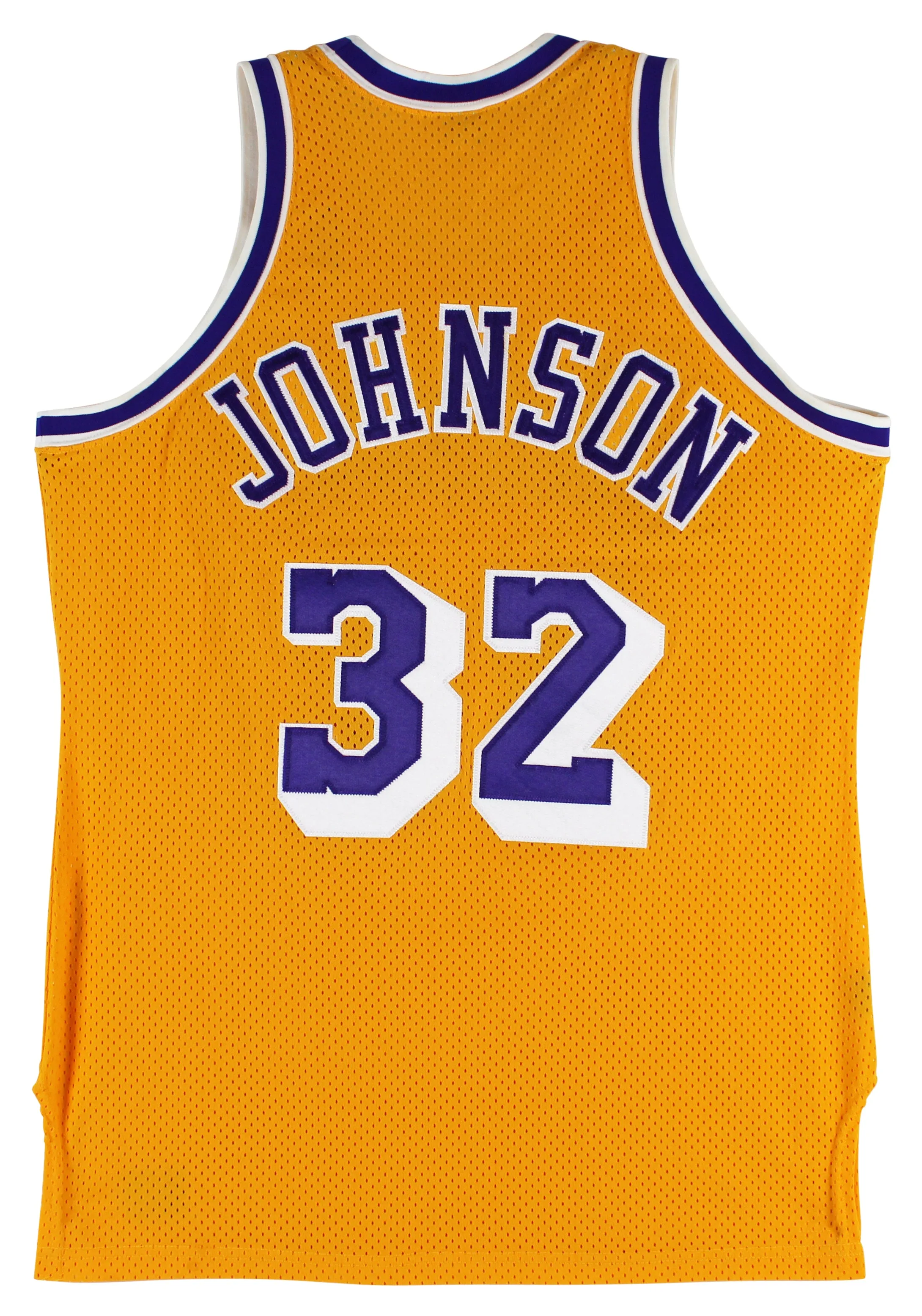 Lakers Magic Johnson "HOF 02" Signed Yellow MacGregor Sand-Knit Jersey BAS Wit 1