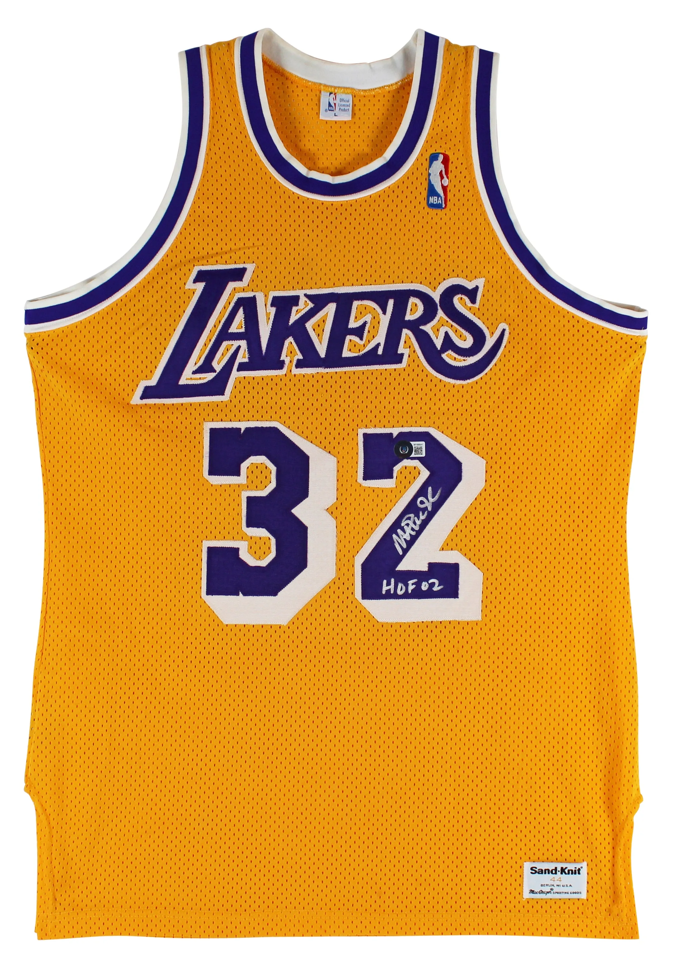 Lakers Magic Johnson "HOF 02" Signed Yellow MacGregor Sand-Knit Jersey BAS Wit 1