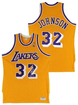 Lakers Magic Johnson "HOF 02" Signed Yellow MacGregor Sand-Knit Jersey BAS Wit 1