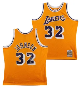 Lakers Magic Johnson "Showtime" Signed Yellow M&N HWC Swingman Jersey BAS Wit