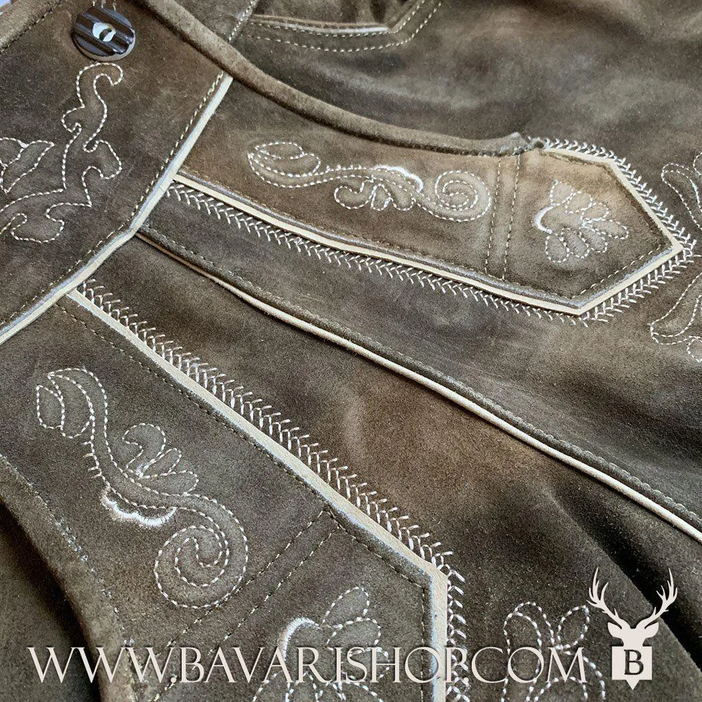 Men's Traditional Bavarian Lederhose "Karl", leather trousers, knee length, with braces - Vintage Brown