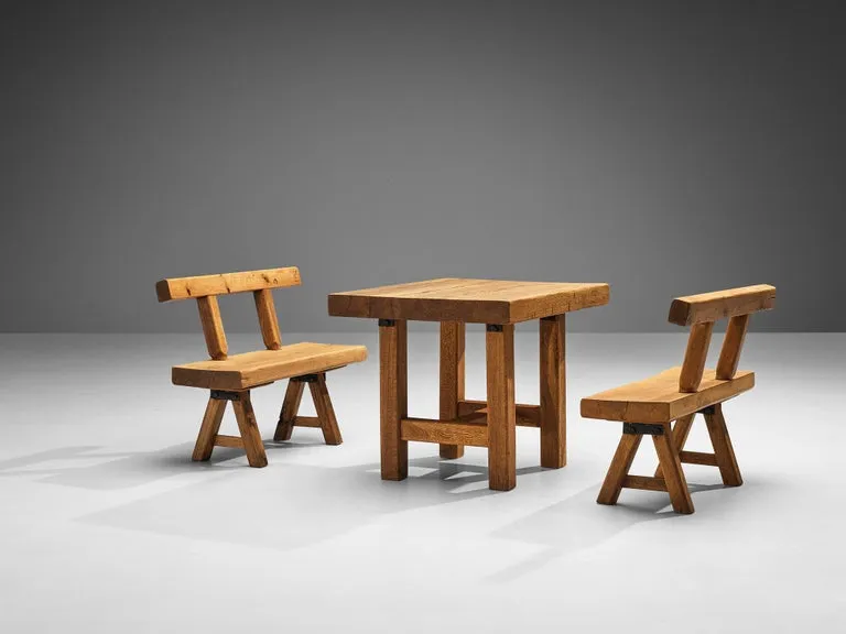Mobichalet Brutalist Table and Benches in Warm Blond Oak