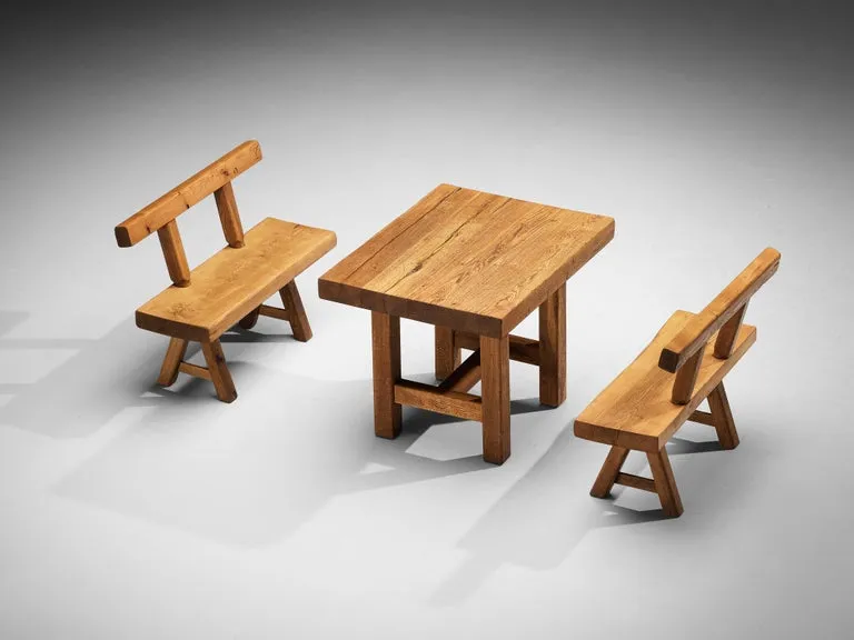 Mobichalet Brutalist Table and Benches in Warm Blond Oak
