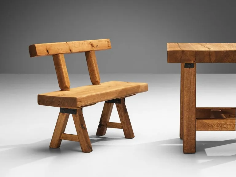 Mobichalet Brutalist Table and Benches in Warm Blond Oak