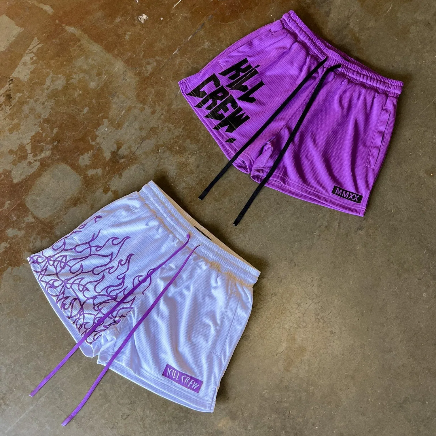 MUAY THAI FLAME SHORTS (MID THIGH CUT) - WHITE / PURPLE