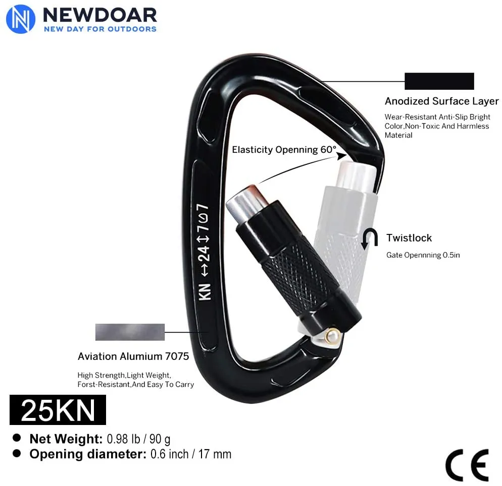 NewDoar 24-30KN Auto Locking Clips D-Shaped Heavy Duty for Camping, Hiking, Swing, Hammock