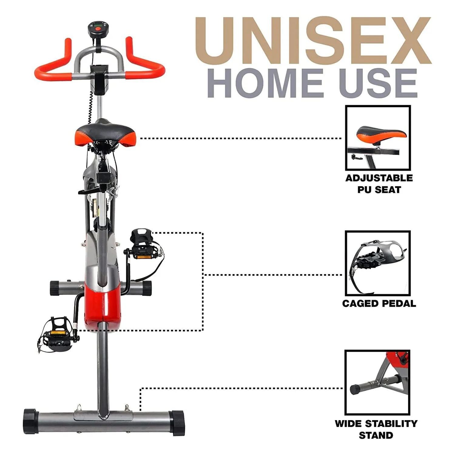 Stationary Bikes, Indoor Cycling Bike with 4 way adjustable seat, 2 way pedaling EM-1544 LCD Monitor and Comfortable Seat Cushion Indoor Spinning Bike