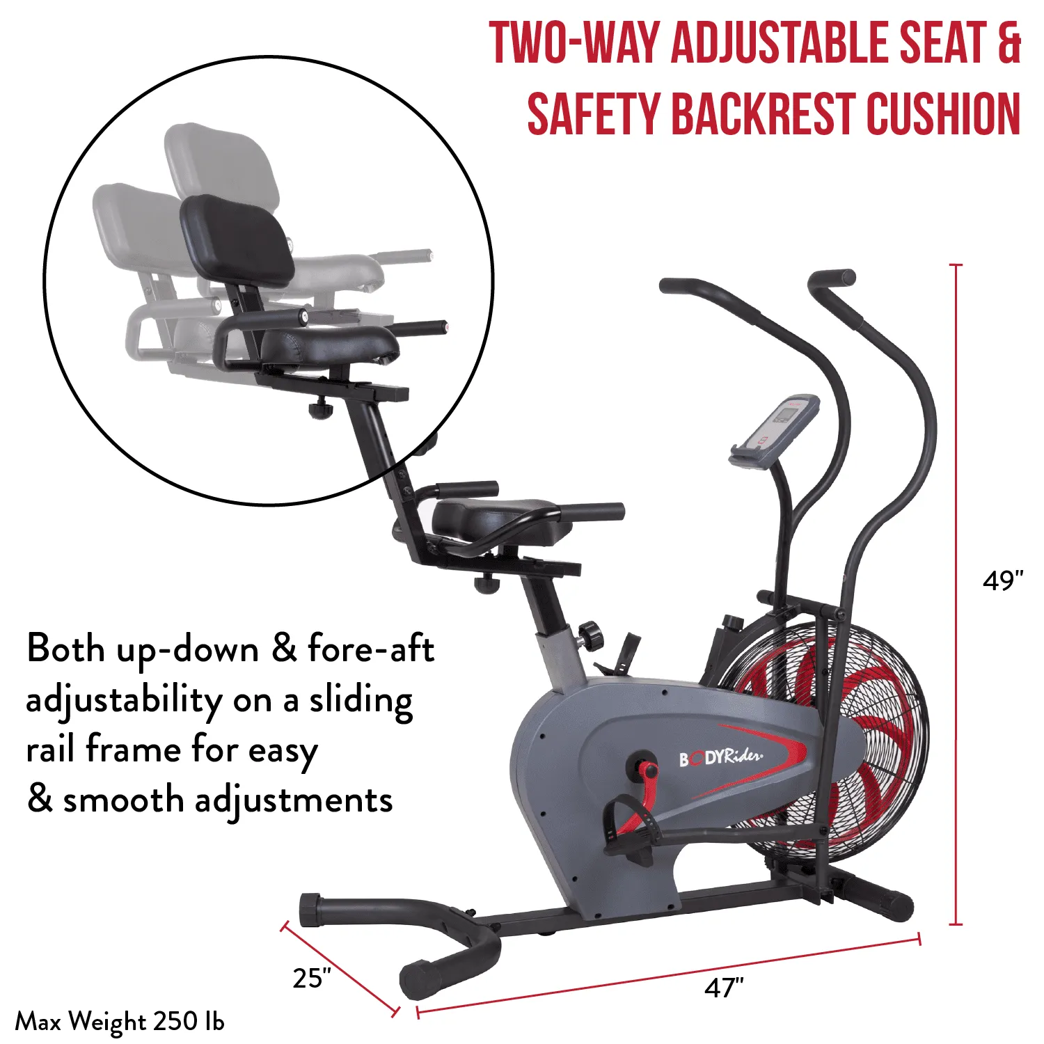 Upright Fan Bike Manual Resistance, Heart Rate Monitor 250 lbs.