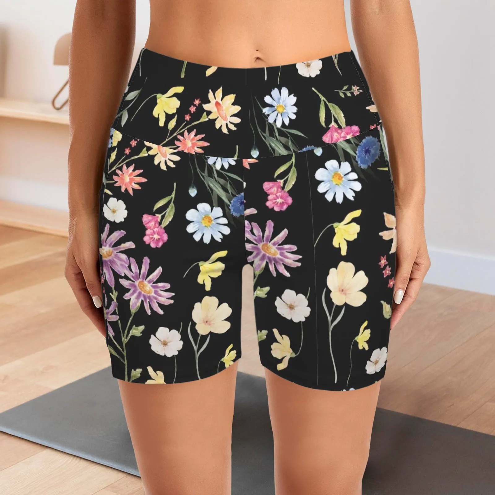 Wildflowers Painted Black Yoga Shorts with Pockets up to 5 XL (FWS)