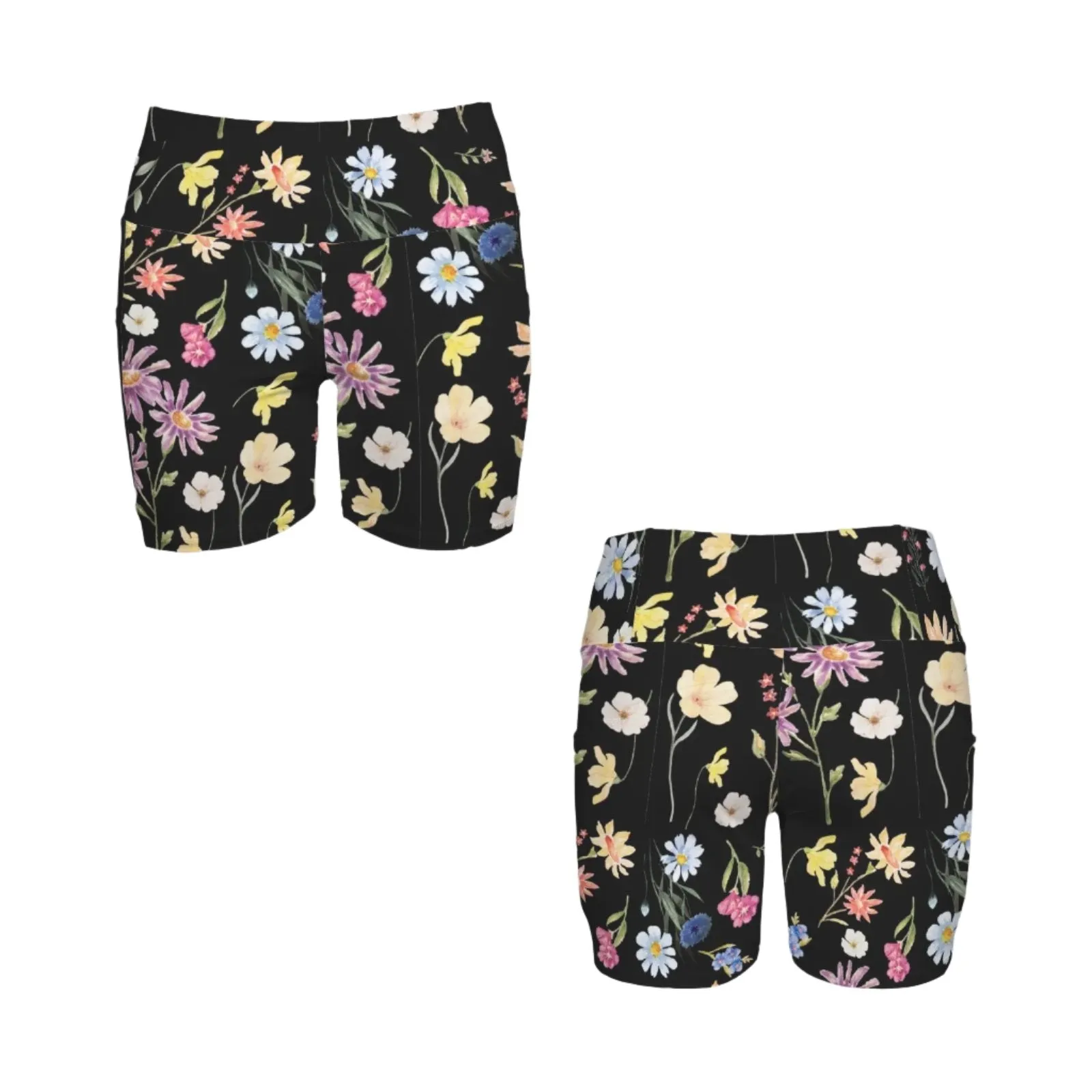 Wildflowers Painted Black Yoga Shorts with Pockets up to 5 XL (FWS)